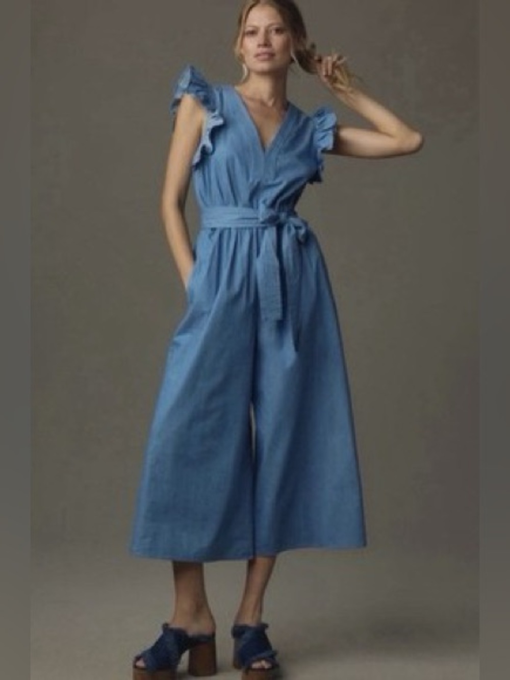 Anthropologie Hutch Jumpsuit Blue Journi Wide Leg Retro Coastal Boho  XS NWOT
